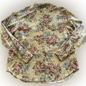 Vintage LizWear Petites Tan Floral Cotton Button Down Long Sleeve Shirt 8